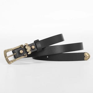 Vintage black leather belt with engraved bronze heart buckle for women jeans