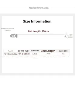 Size chart showing 110cm length and 1.8cm width for the women's minimalist leather belt