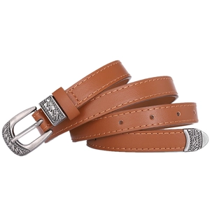 Three-piece vintage brown leather skinny belt with engraved silver buckles and tips