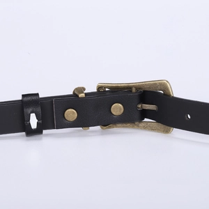 Women's vintage engraved metal buckle thin leather belt in black and bronze for jeans