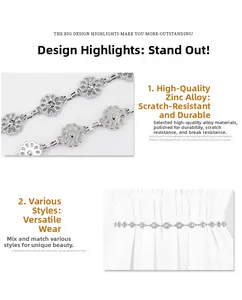 Detailed view of silver flower waist chain made of durable zinc alloy with rhinestones