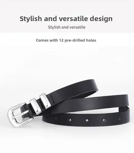 Detail of slim black belt showing silver buckle and 12 adjustable pre-punched holes
