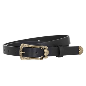 Retro black leather belt for women featuring ornate carved bronze metal buckle and tip