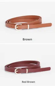 Close-up of brown and red brown skinny leather belts with polished gold pin buckles