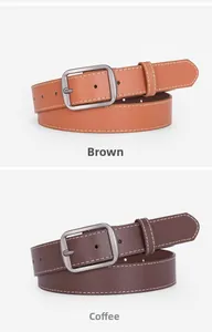 Detail showing brown and coffee wide belts with square buckles and double stitching
