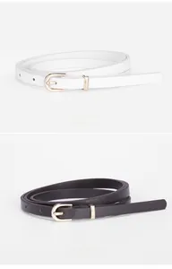 Detailed comparison of white and coffee thin leather belts with gold metal buckles