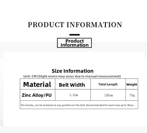 Guide des tailles de ceinture chaîne femme montrant largeur 1.2cm et 105cm