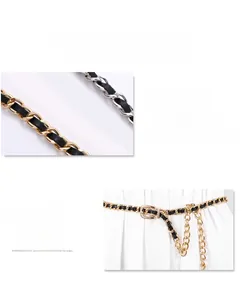 Détail de la ceinture chaîne en métal avec cuir PU noir et fermeture à crochet réglable