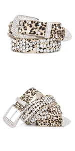 Close-up of leopard print belt with rows of rhinestones and western style metal buckle