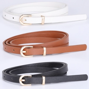 Women Minimalist PU Leather Skinny Belt Gold Alloy Pin Buckle Waist Strap For Dress Jeans Adjustable Solid Color Accessory
