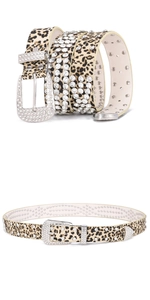 Close-up of leopard print belt with sparkling rhinestones and ornate silver metal buckle