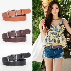 Classic leather belts for women with square metal buckle and white stitching detail
