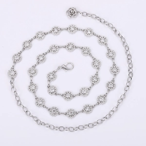 Vintage Alloy Rhinestone Flower Waist Chain For Women Adjustable Metal Chain Belt Decorative Dress Accessory Silver Color