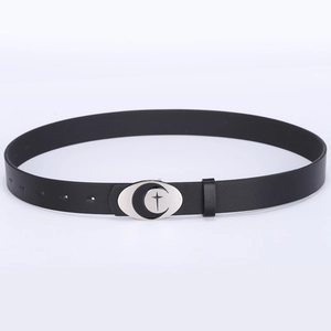 Punk vintage black leather belt featuring an oval silver moon and star metal buckle