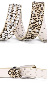 Detail of leopard print belt with four rows of sparkling rhinestones and silver metal buckle