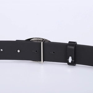 Vintage black leather belt with silver oval buckle in punk moon style for women
