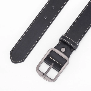 Classic black leather belt with white contrast stitching and square silver metal buckle