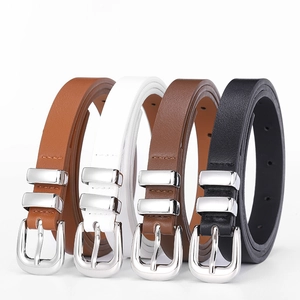 Women Skinny PU Leather Belt Double Silver Buckle Decorative Waistband Minimalist Fashion Jeans Belt For Ladies Commute
