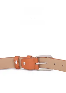 Detail of a brown leather belt with matte silver pin buckle and durable edge stitching