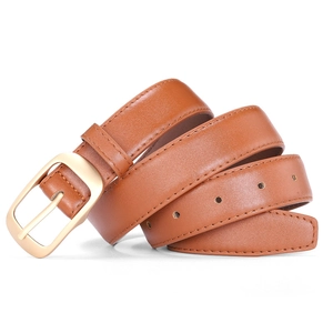 Minimalistischer brauner Ledergürtel für Damen mit goldener Metallschnalle und Ziernähten