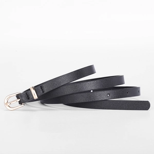 Minimalist black leather women belt with golden metal D-buckle on white background