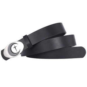 Black leather belt with oval moon and star buckle, minimalist punk style on white background