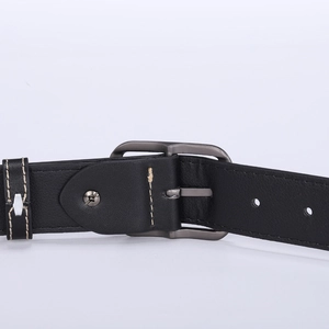 Classic black leather belt with contrast stitching and dark gunmetal square buckle detail