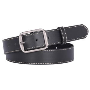 Classic black leather belt with rectangular silver buckle and contrast stitching on white background