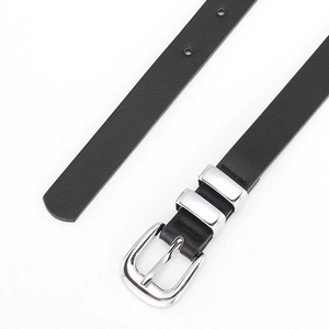 Slim black leather belt for women featuring a double silver polished metal buckle and loop
