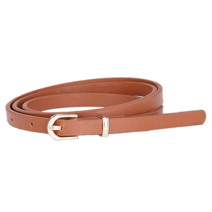 Brown women thin waist belt with golden horseshoe buckle for elegant dress matching