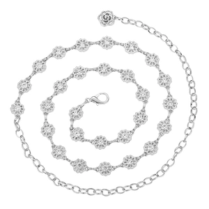 Silver flower waist chain with rhinestone centers and adjustable rose pendant clasp