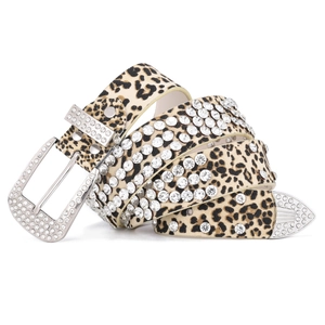 Women's Punk Leopard Print Belt With Rhinestone Buckle Set PU Leather Western Cowboy Y2K Fashion Rivet Waist Belt