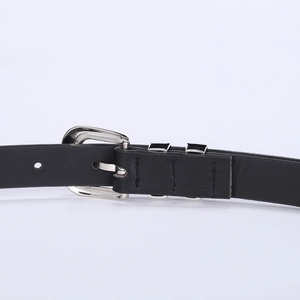 Classic black leather belt with double silver metal loops and a polished prong buckle