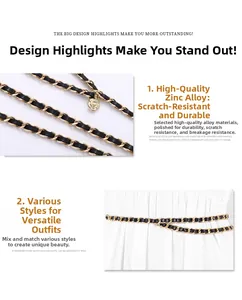 Detail of vintage metal chain belt with black leather and camellia flower pendant for women