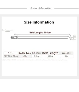 Size chart for women PU leather belt with zinc alloy buckle showing 105cm length and 2.8cm width