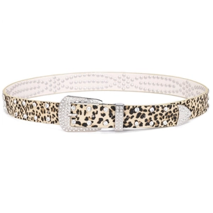 Punk leopard print belt with sparkling rhinestones and western buckle decoration