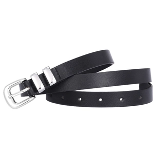 Slim black leather belt for women with silver square double-ring buckle and fine stitching