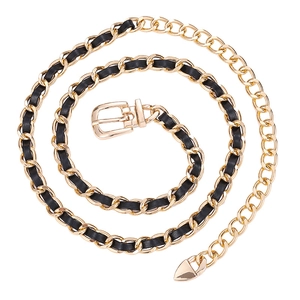 Ceinture chaîne dorée élégante entrelacée de cuir PU noir avec une boucle à ardillon chic