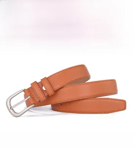Brown leather belt featuring a matte silver buckle and 12 adjustable eyelets for women