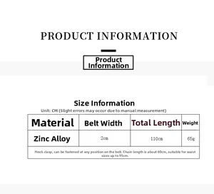 Tableau des tailles pour ceinture chaîne en zinc, largeur 2cm et longueur 110cm