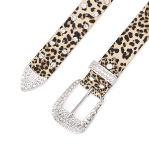 Punk style leopard print leather belt with crystal encrusted western buckle and studs