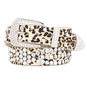 Punk style leopard print leather belt with rhinestone buckle and western stud ornaments