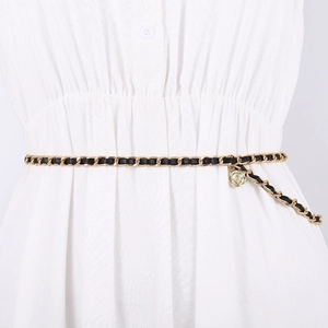 Women Vintage Metal Chain Belt Gold Woven PU Leather Waist Chain With Camellia Flower Coin Pendant Decorative Dress Accessories