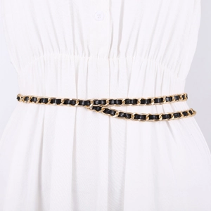 Elegant woven metal chain belt with black leather for women's dresses and sweaters