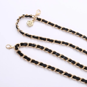 Classic gold metal chain belt with black leather weaving and camellia flower charm