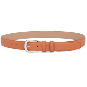Classic brown leather belt for women with elegant matte silver pin buckle and fine texture
