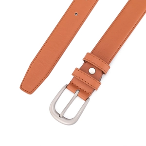 Women's brown textured leather belt with a matte silver buckle and fine stitching