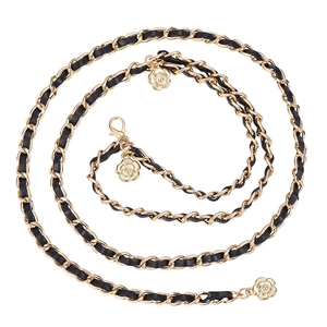 Elegant gold metal chain belt with woven black leather and camellia charms for women
