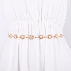 Women Elegant Hollow Flower Artificial Pearl Chain Belt Adjustable Metal Waist Chain For Dress Gold Silver Alloy Jewelry Belt