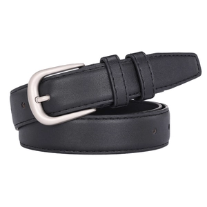 Classic black leather belt with a matte silver metal buckle for women's casual trousers